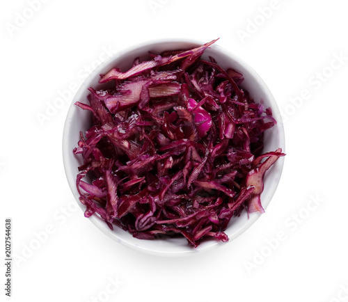 Photos Bowl of tasty red sauerkraut on white background