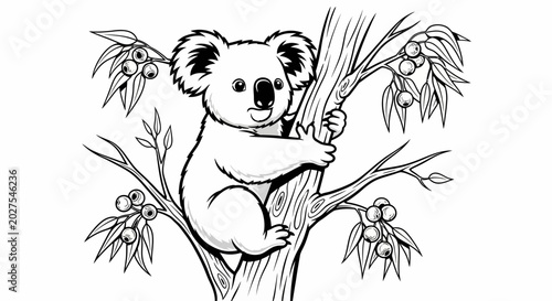 Photography Cute Koala Climbing Eucalyptus Tree, Black and White Drawing
