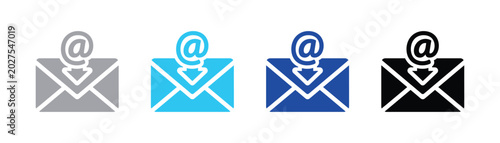 Foto Blue email icon with at symbol and down arrow inside envelope communication inte