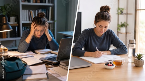Overwhelmed student versus balanced study routine with a calm workspace
