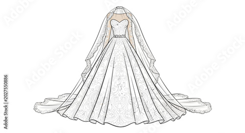 Elegant Wedding Dress Sketch with Veil and Train