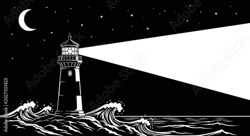 Canvas Print Lighthouse beam at night, guiding ships through stormy seas under a crescent moon