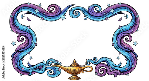 Tableau sur toile Magical Genie Lamp Frame with Swirling Cosmic Energy and Stars