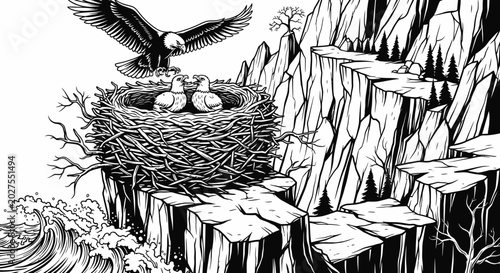 Tableau sur toile Majestic eagle flying over nest with chicks on cliff edge, wild ocean waves belo