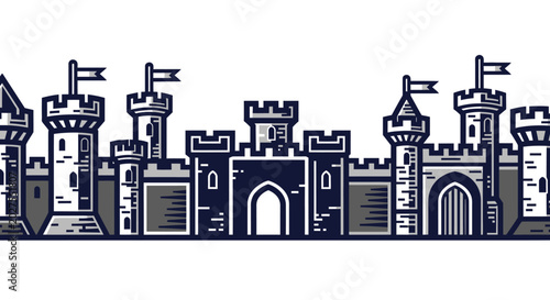 Foto Medieval Castle Fortress Wall Border with Flags and Towers