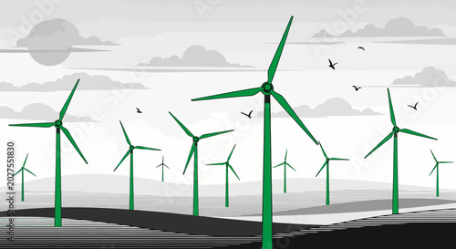 Foto Green wind turbines generating clean energy in a stylized landscape under a cloudy sky