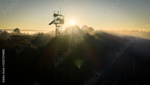 Forest monitoring tower rises through morning fog with solar panels and cameras in rural woodland.