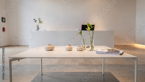 Minimalist reception setup with clean lines and subtle decor accents focusing on a tastefully arranged table while soft lighting and open space remain out of focus.