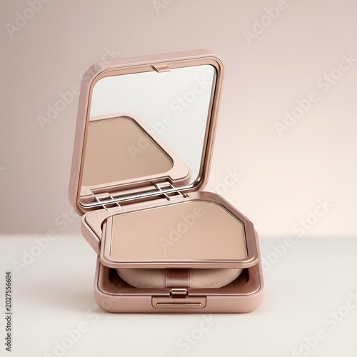 Open makeup powder compact with mirror on beige background. © Ruhama