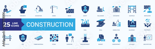 Photos Construction Icon Set Illustration Vector Flat Blue Style with contractor, concr