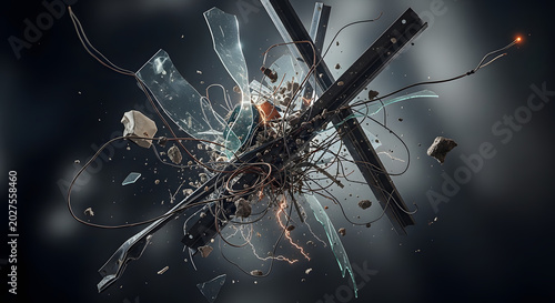Abstract explosion of debris, shattered glass, wires, and metal shards against a dark, out-of-focus background, symbolizing destruction and chaos