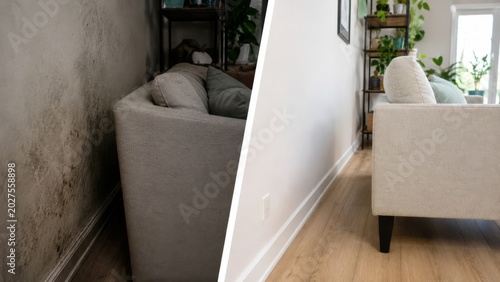 Mold behind furniture versus moved sofa with air gap for healthier wall ventilation