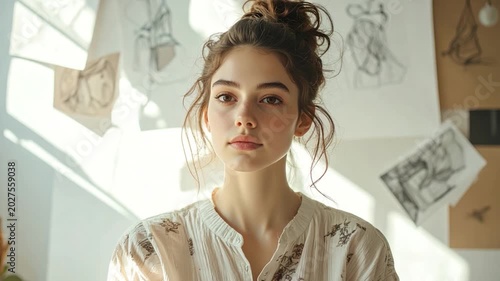 Young woman with eyes closed, sunlight, sketches on wall. Calm, relaxed expression, wearing patterned blouse