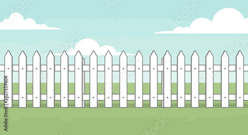 White Picket Fence, Green Grass, Blue Sky, Clouds - Backyard Scene
