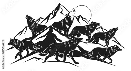 Fotografia Wolf Pack Howling at Moonlit Mountains Silhouette