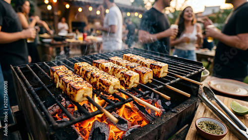Grilled queijo coalho skewers with oregano and golden crust near hot charcoal, Brazilian barbecue snack atmosphere.