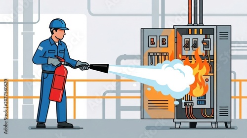 A worker safely uses a fire extinguisher to put out flames on an electrical panel in an industrial area.