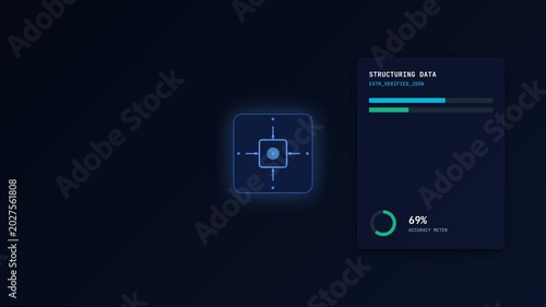 A futuristic AI system interface displays a glowing blue graphic with a progress bar and percentage.