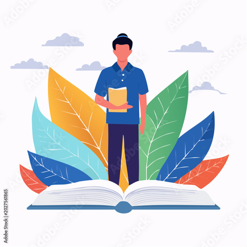 Person Standing on Open Book Surrounded by Colorful Leaves