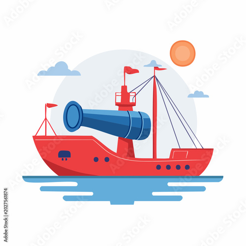 Red ship with a large cannon on the sea