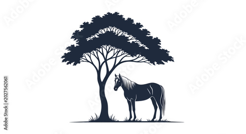 Quadro su tela Black Horse Standing Under Tree.