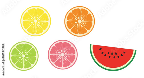 Konstfotografi Colorful fruit slices on white background.