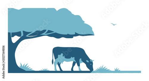 Obraz na plátne Cow Eating Under Tree Silhouette Illustration.