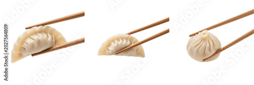 Photos Single Chinese Dumpling Held with Wooden Chopsticks PNG Set, Delicious Asian Dim