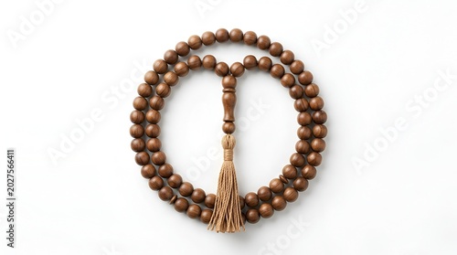 Traditional wooden Islamic prayer beads on white background.
