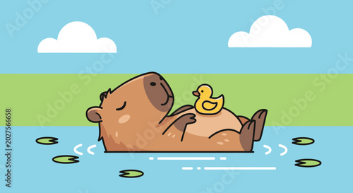 Foto Cute Capybara Relaxing in Water with Rubber Duck