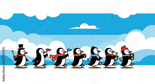 Tableau sur toile Cute Penguin Parade with Scarves and Hats on Snowy Background