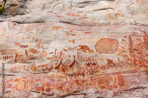 Pictographs Depicting Ancient Life on Rock Face.