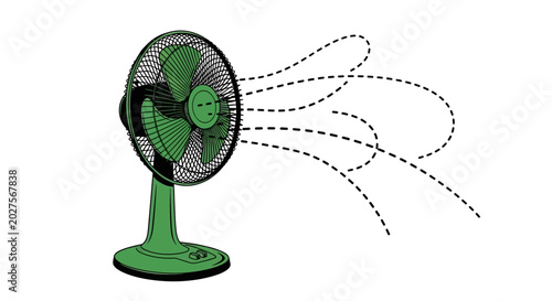 Foto Green Electric Fan Circulating Air with Dashed Lines Representing Airflow