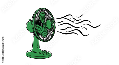 Photos Green electric fan blowing air, illustration on white background.