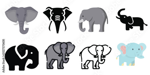 Vector illustration collection of elephant icons and silhouettes featuring flat design, line art, outline symbols, solid black shapes, and a cute cartoon character