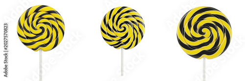 Quadro em tela Isolated Yellow and Black Swirl Lollipop PNG Set Round Candy on White Stick Swee