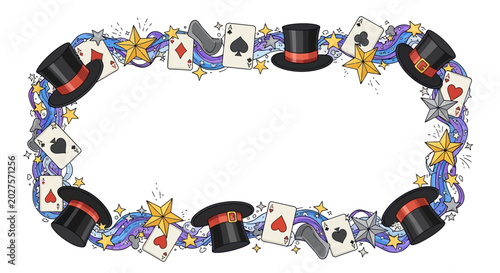 Magic Show Frame with Top Hats, Playing Cards and Stars