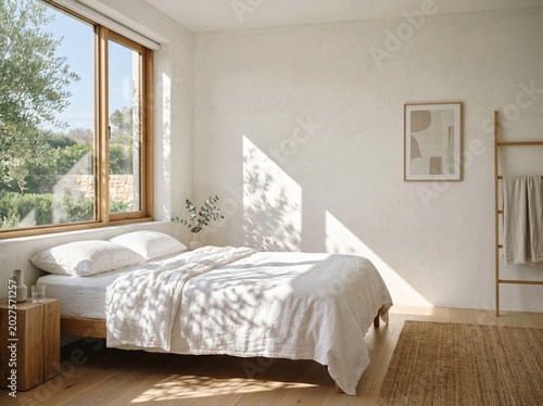 Serene Minimalist Bedroom with Morning Sun and Natural Light Shadows