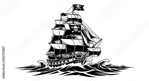 Foto Pirate Ship Sailing Through Rough Seas with Jolly Roger Flag