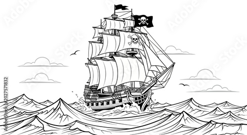 Foto Pirate Ship Sailing on Rough Seas with Jolly Roger Flag