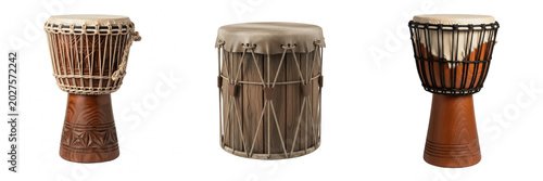 Foto Isolated Traditional Wooden Drum PNG Set Percussion Musical Instrument Element f