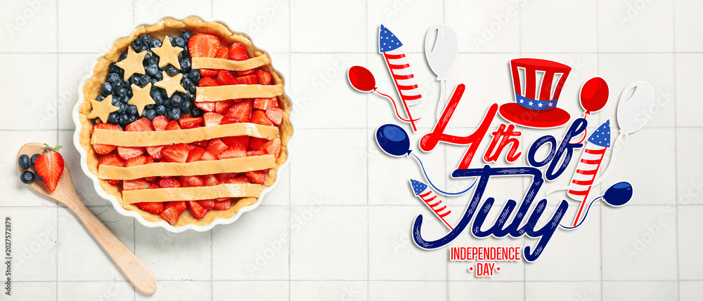Fototapeta premium Tasty American flag pie on white tiled table. Independence Day celebration