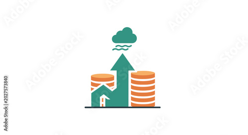 Tableau sur toile Green arrow rising with coins stack.
