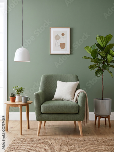 Modern green armchair and green plant in minimalist scandinavian interior background
