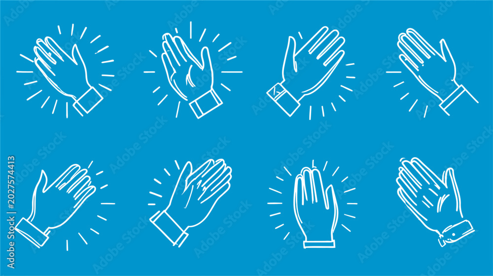 Fototapeta premium Applause and clapping hands line icons on blue.