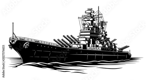 Vintage Battleship Illustration, Naval Warship Silhouette, Marine Military Vessel