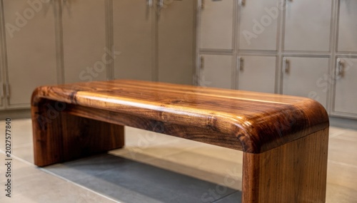Closeup medium shot of polished wooden benches with soft focus on lockers behind highlighting premium craftsmanship in a womens changing area.