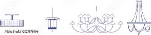 Photos Technical vector set of classic chandeliers and ceiling lamp fixtures, featuring detailed front elevation layout symbols