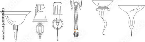 Quadro su tela Collection of wall sconce and pendant light symbols featuring various decorative styles including pleated shades, ornate scrollwork, and flowing organic forms