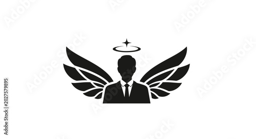 Bild auf Leinwand Silhouette of a businessman with angel wings and halo, representing a guardian angel or divine business concept